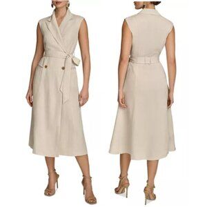 Donna Karan Linen-Blend Belted A-Line Midi Shirtdress - Size 12